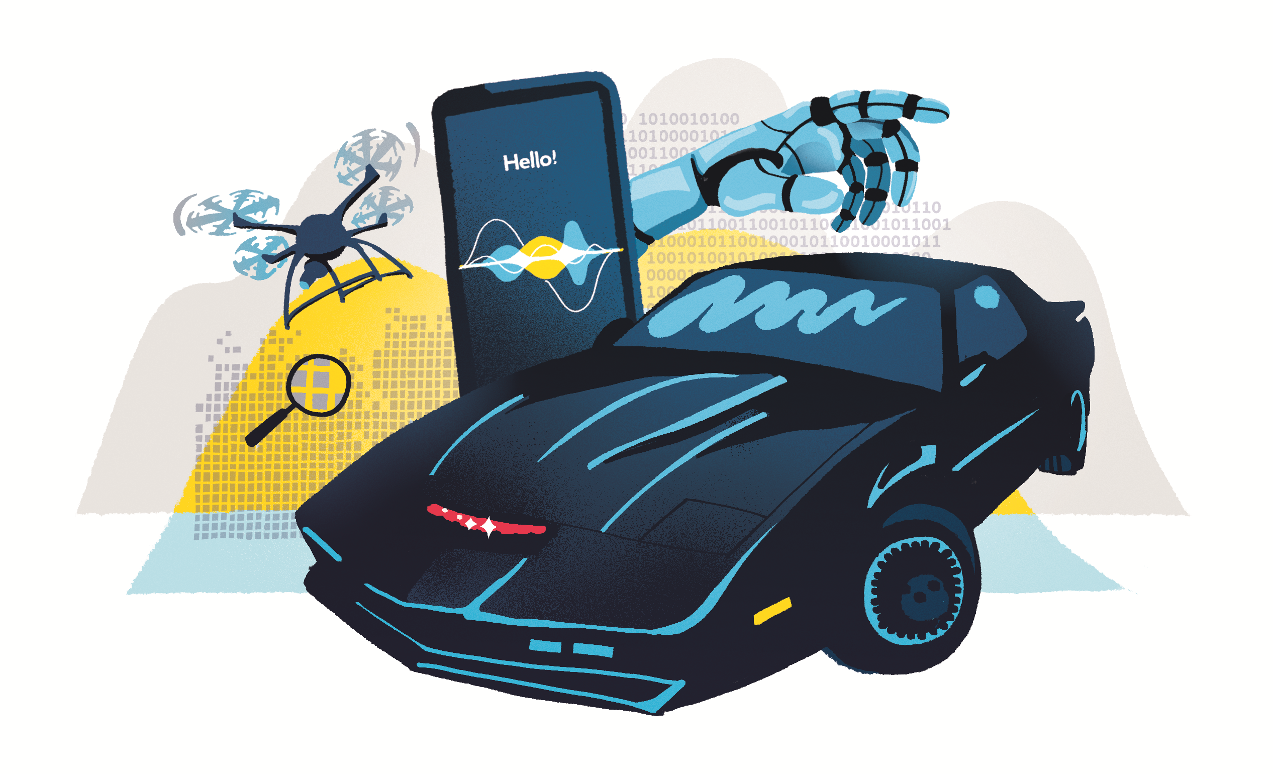 tekoälysovelluksia ja Kitt-auto, kuvitus Studio Andrei