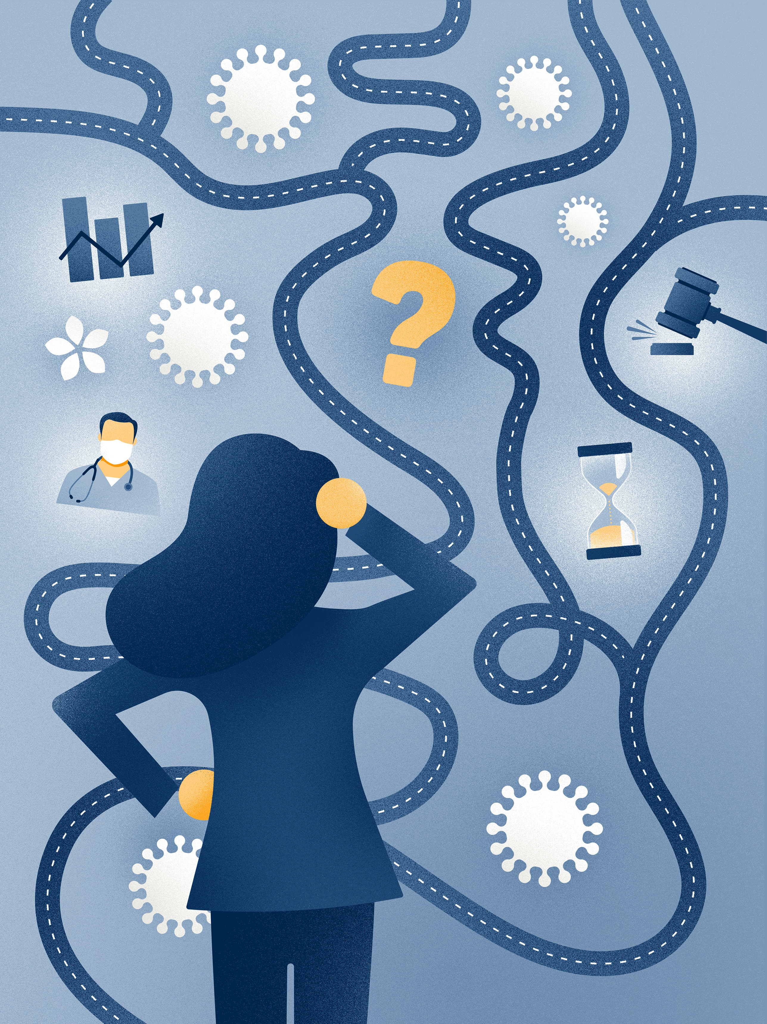 Nainen katsoo mutkaisia teitä, kuvitus Studio Andrei