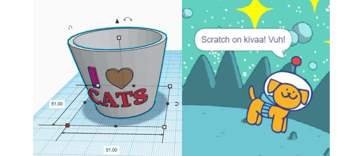 Koirahahmo Scratch-ohjelmointiympäristössä ja 3D-mallinnettu kuppi