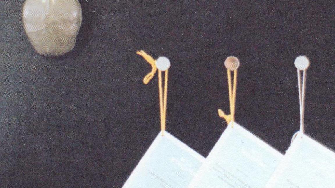 Three copies of dissertations hanging in a row from the nails on the black board