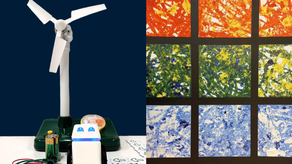 Tuulivoimala, paristo ja KUBO-robotti sekä robottipallomaalaus