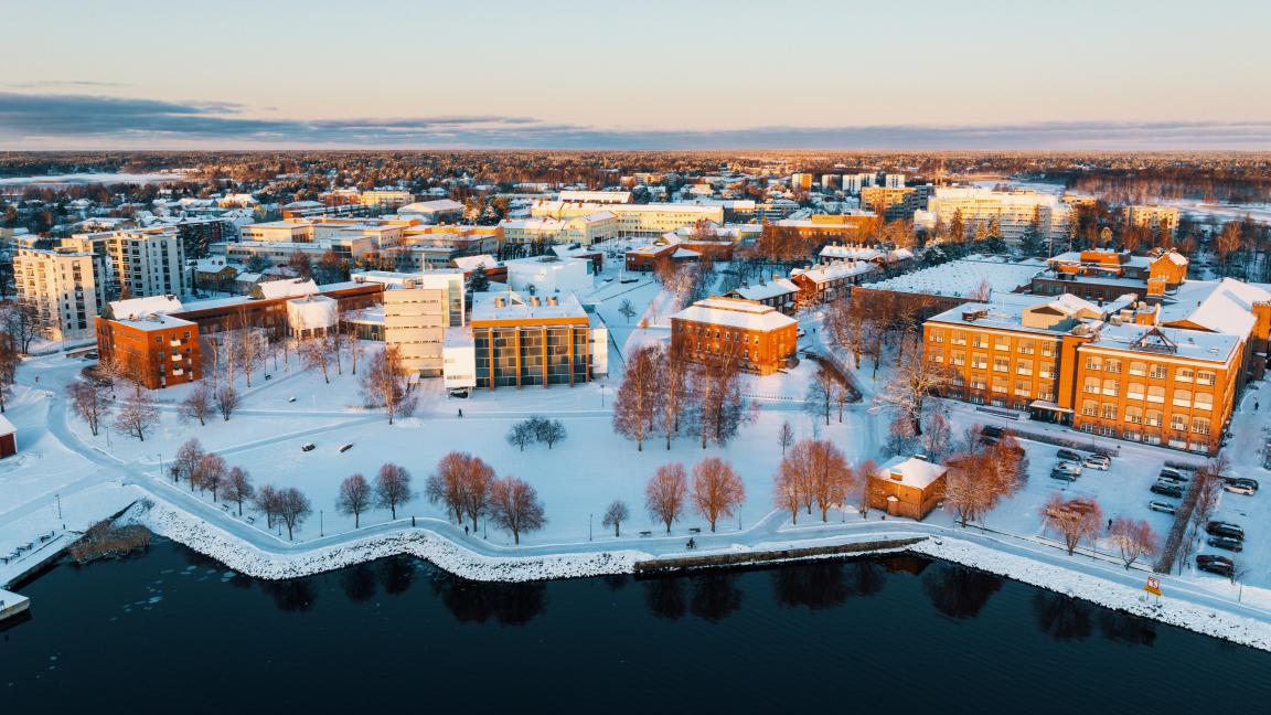 Vaasan yliopiston kampuksen ilmakuva mereltä päin otettuna talvella