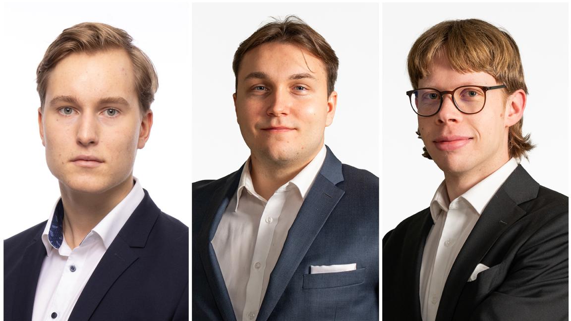 Kolme kasvokuvaa vierekkäin. Kuvissa on kolme miesopiskelijaa, kaikilla päällään puku.