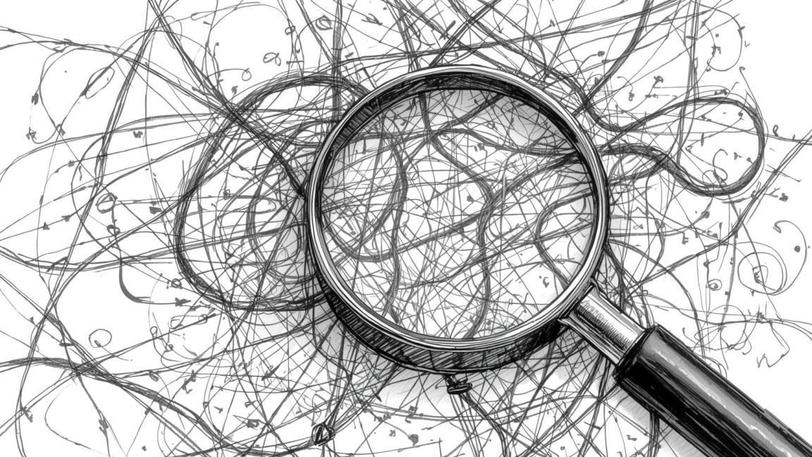 A magnifying glass over a tangled web of ideas