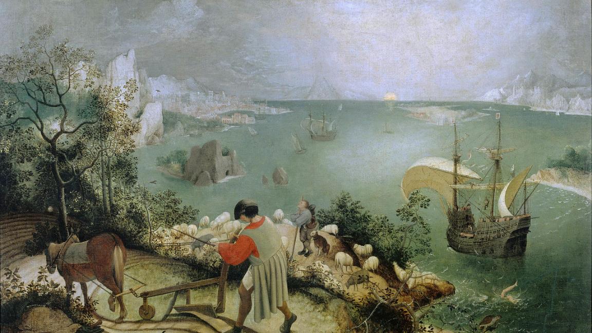 Pieter Brueghel (1525-1569): Maisema, jossa Ikaros putoaa (1558)