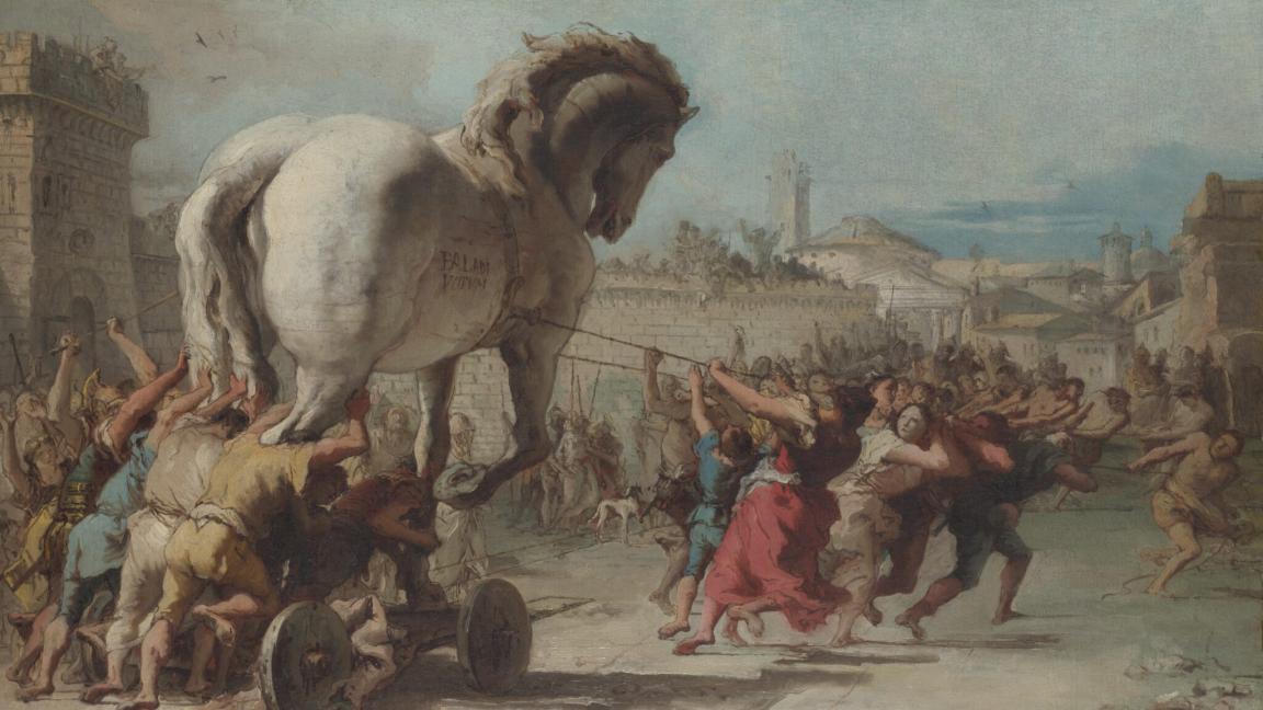 Giovanni Domenico Tiepolo (1727-1804): Troijan hevosta kuljetetaan (1760)