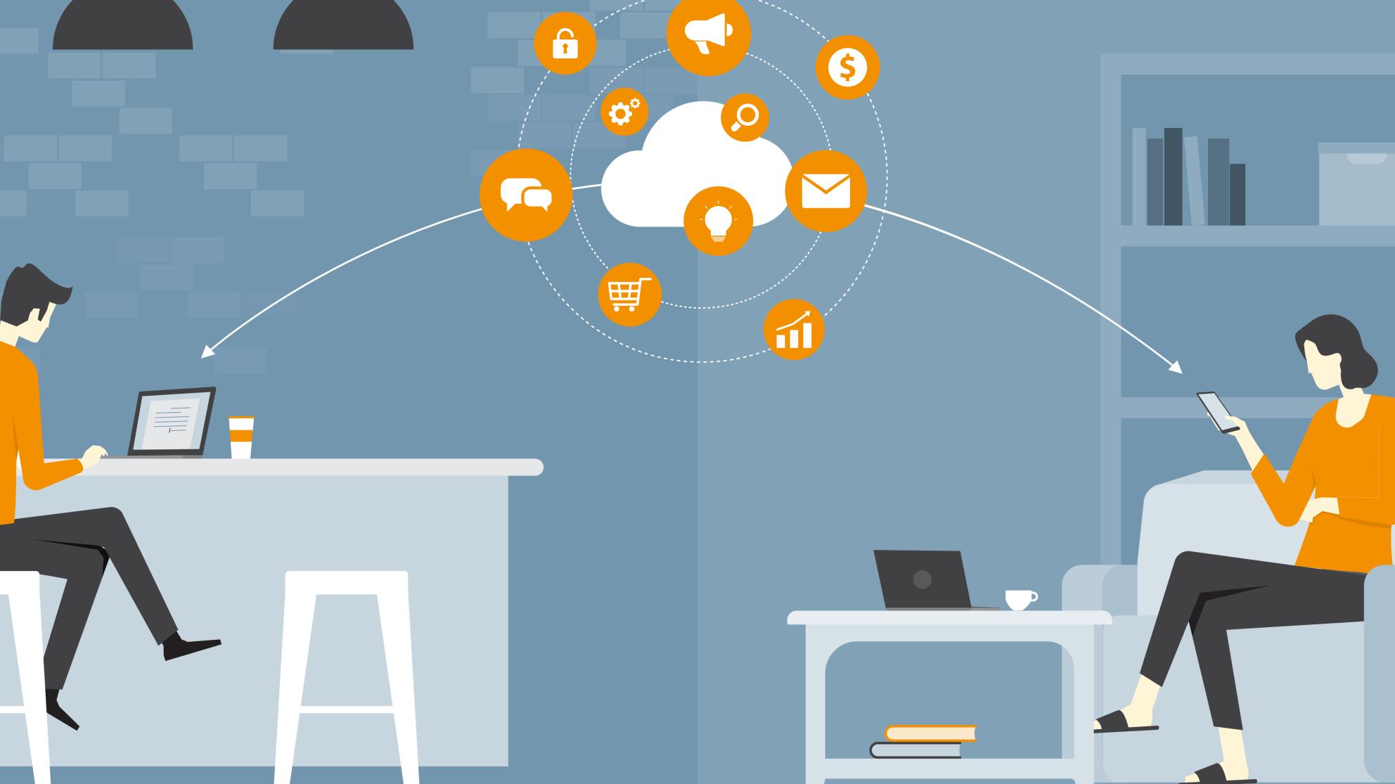 Kuvituskuva mies katsoo tietokonetta, nainen lähettää sähköpostia