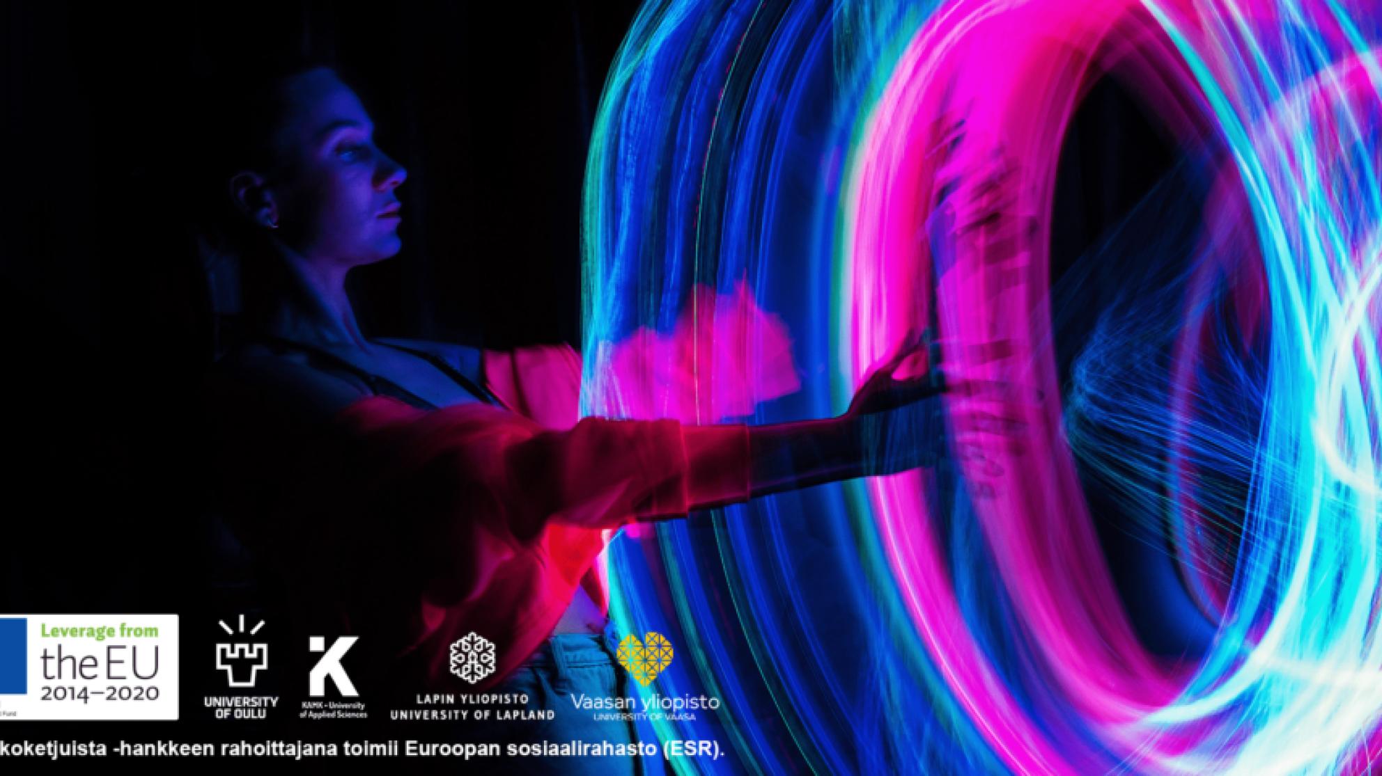 The silhouette of a woman in the dark holding her hands towards a circle of bright lights