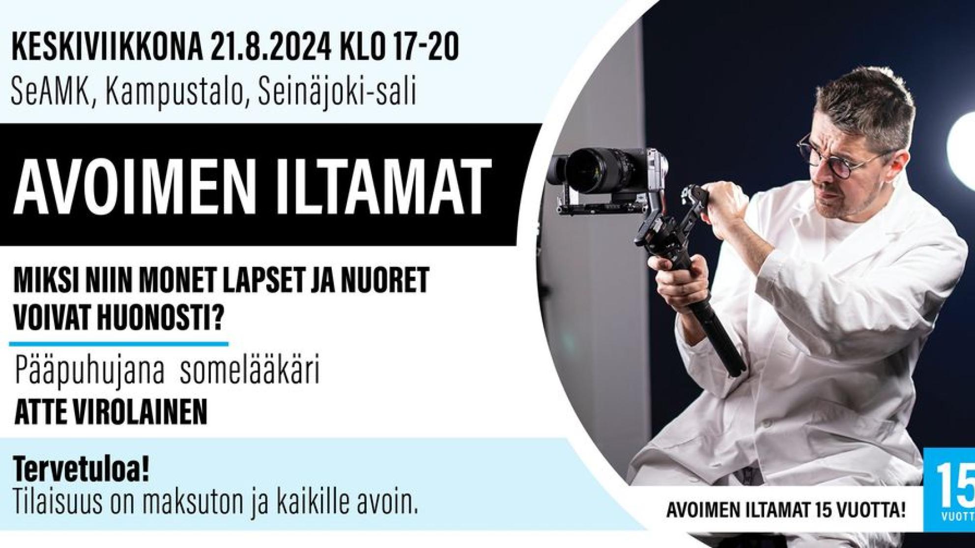 Avoimen iltamat -tapahtuman mainosjuliste, kuvassa somelääkäri Atte Virolainen