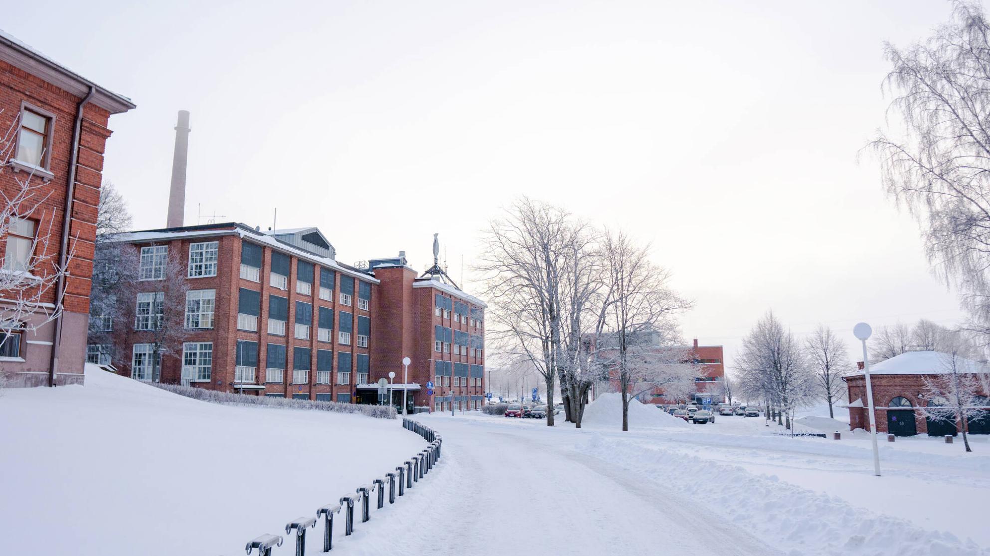 Talvinen maisema Vaasan yliopiston kampukselta. Punatiiliset rakennukset, lumiset tiet ja puut luovat rauhallisen tunnelman. Etualalla pyörätelineitä ja taustalla vanha tehdasrakennus.