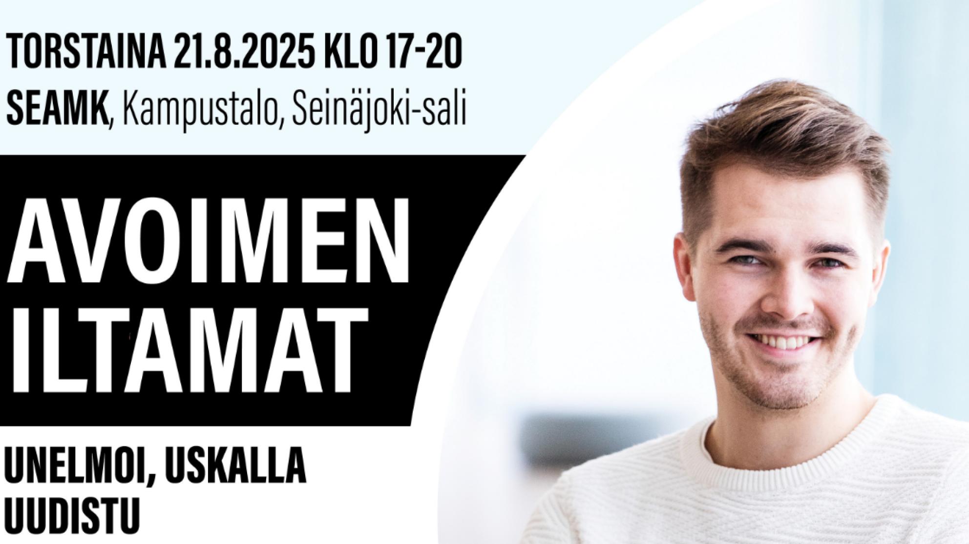 Avoimen iltamien esite, kuvassa puhuja Perttu Pölönen