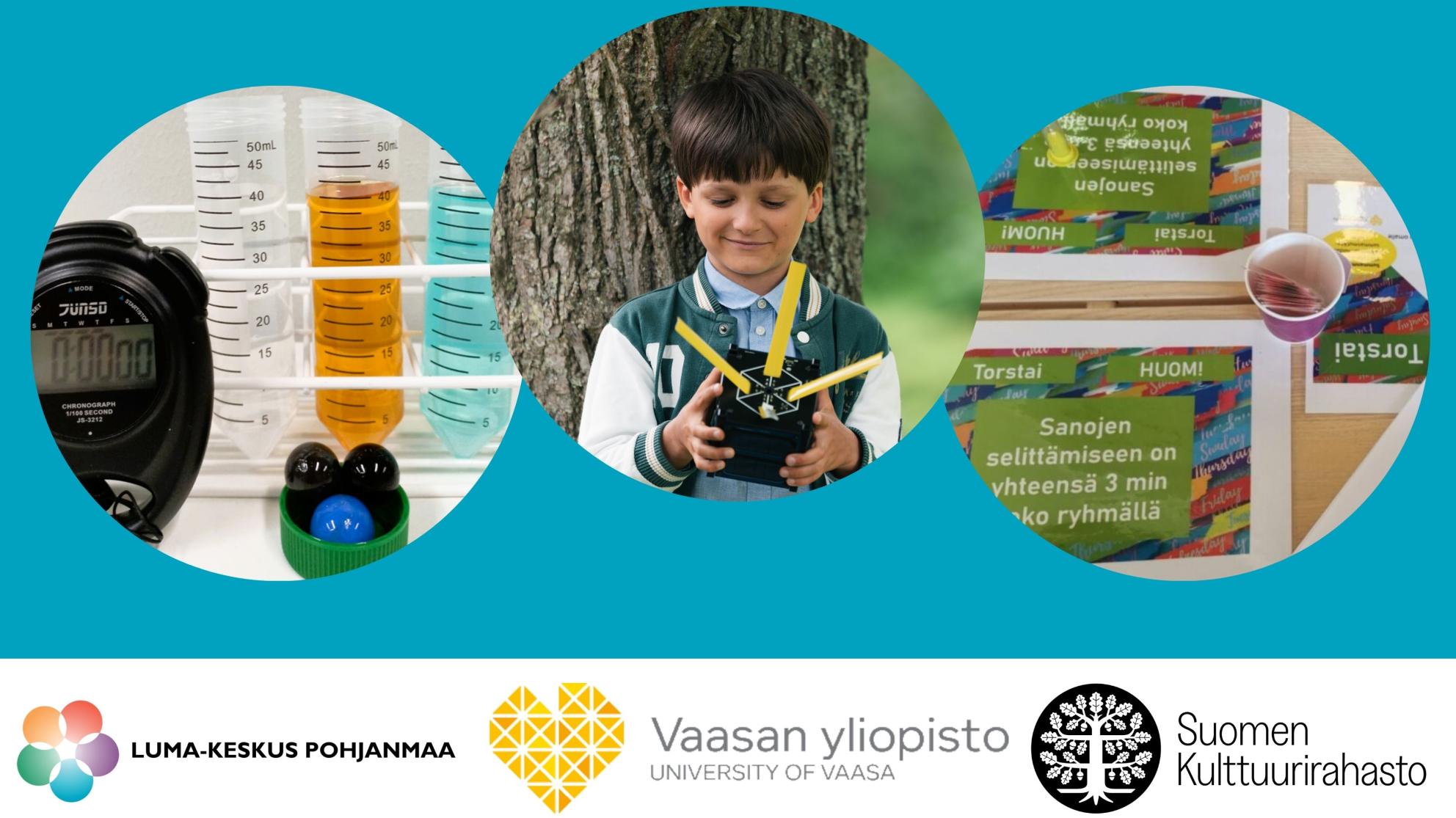 Tiede tutuksi! Ajanottokello, näyteputkia, kuulia, lapsi satelliitti kädessä ja papereita pöydällä. 