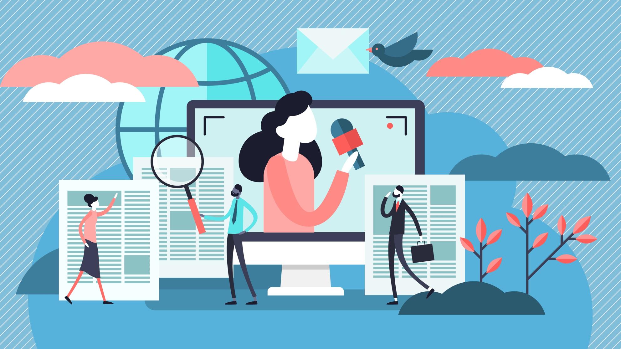 Animoitu kuva, jossa nainen mikrofoni kädessä ja taustalla mediaa kuvastavia symboleita