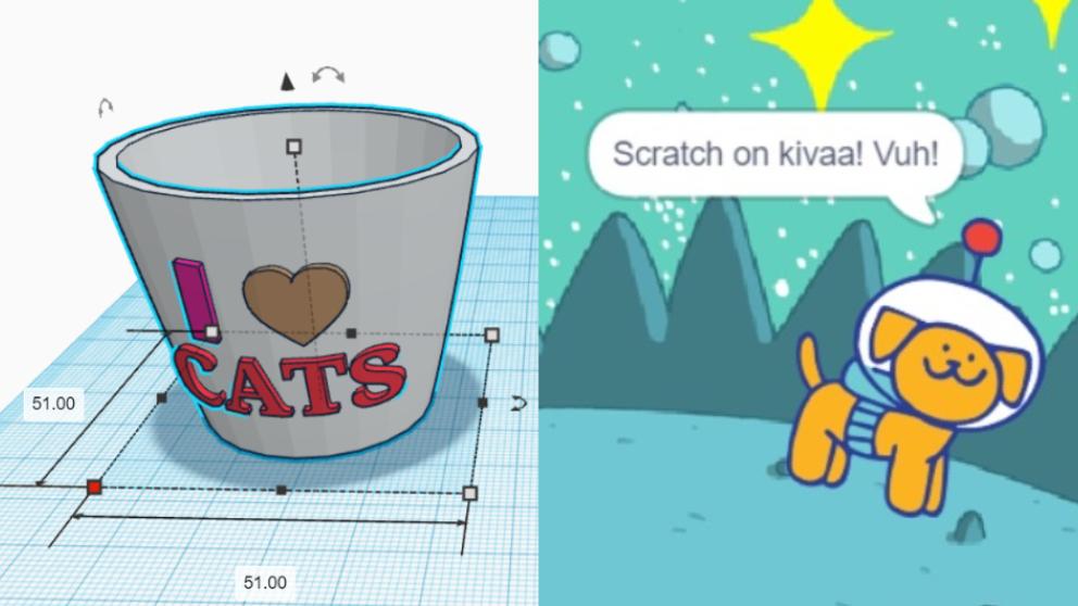 Koirahahmo Scratch-ohjelmointiympäristössä ja 3D-mallinnettu kuppi