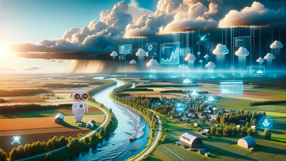 AI-kuva, jossa on peltoa, taloja ja näiden keskellä virtaa joki. Robotti katsoo joen toiselta puolelta kohti taloja ja kaukaa horisontista saapuu myrskypilviä. 