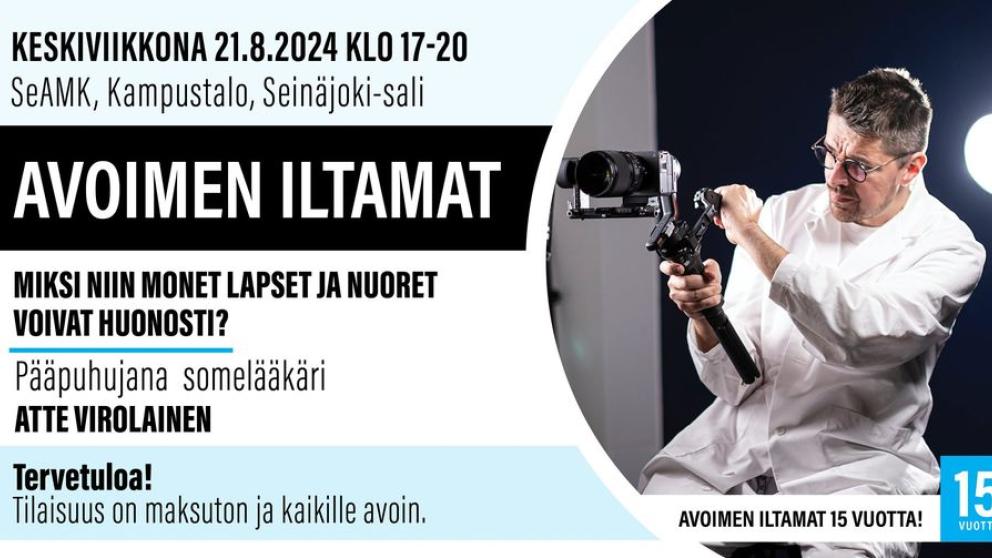 Avoimen iltamat -tapahtuman mainosjuliste, kuvassa somelääkäri Atte Virolainen