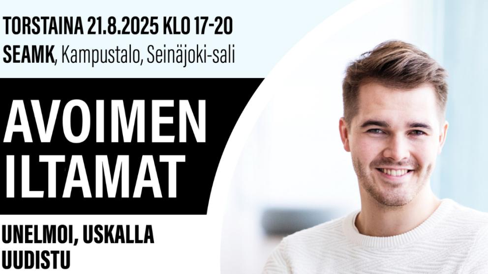 Avoimen iltamien esite, kuvassa puhuja Perttu Pölönen