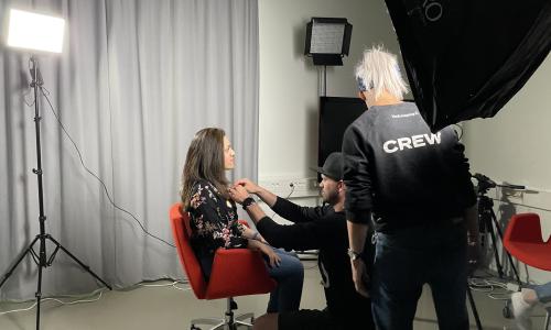 Crew preparing interview video shoot