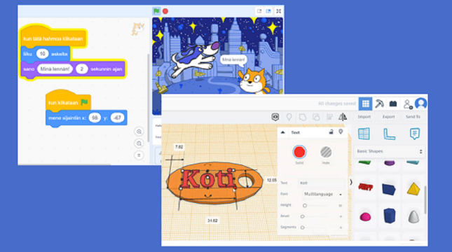 Eläinhahmojen Scratch-ohjelmointia ja avaimenperän Tinkercad-mallinnusta