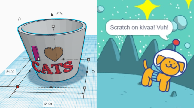 Koirahahmo Scratch-ohjelmointiympäristössä ja 3D-mallinnettu kuppi