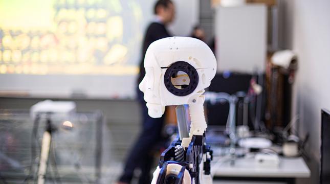 Head of a human-like robot in a lab