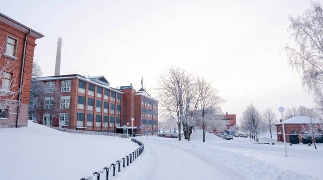 Talvinen maisema Vaasan yliopiston kampukselta. Punatiiliset rakennukset, lumiset tiet ja puut luovat rauhallisen tunnelman. Etualalla pyörätelineitä ja taustalla vanha tehdasrakennus.
