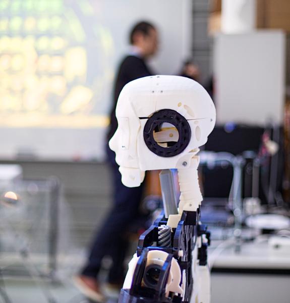 Head of a human-like robot in a lab