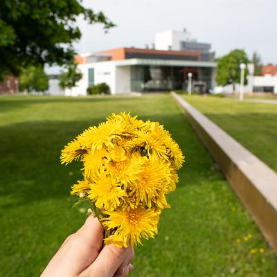 Kukka kädessä kampus taustalla. 