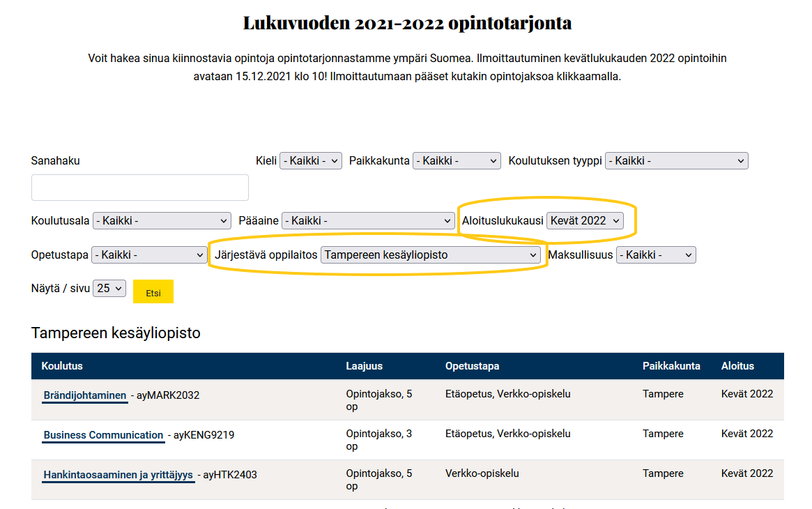 Avoimen yliopiston verkkosivujen opintotarjontanäkymä