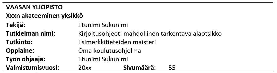 Opinnäytteen taustatiedot tiivistelmäsivulla