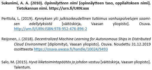 Opinnäyte lähdeluettelossa
