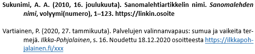 Sanomalehtiartikkeli lähdeluettelossa