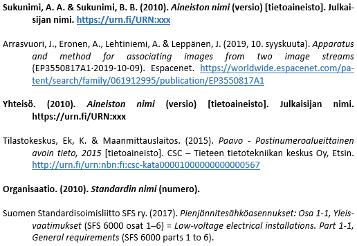 Tutkimusaineistot, patentit, standardit
