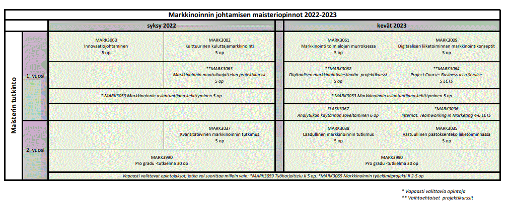 Markkinoinnin johtamisen opintojen aikataulu