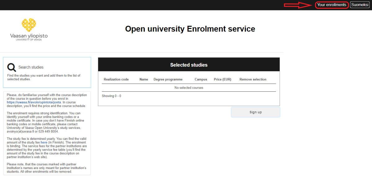 A screenshot of the enrolment service Eduplan's front page, with a link to the My enrolments view in the upper right corner.