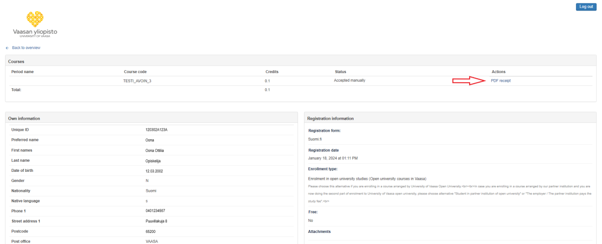 A screenshot of enrolment service Eduplan's enrolment information view.