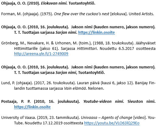 Elokuvien, televisio-ohjelmien ja videoiden merkitseminen lähdeluetteloon