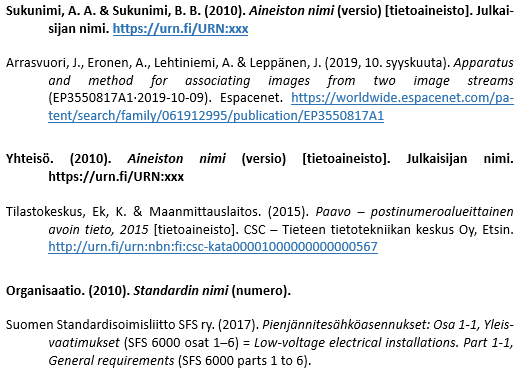 Tutkimusaineistot, standardit ja patentit lähdeluettelossa