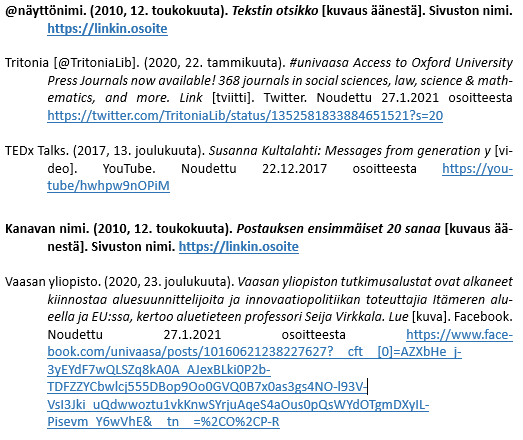 Verkkolähteiden merkitseminen lähdeluetteloon