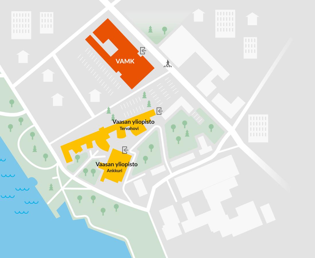 Vaasan yliopisto ja Vaasan ammattikorkeakoulu VAMK kartalla