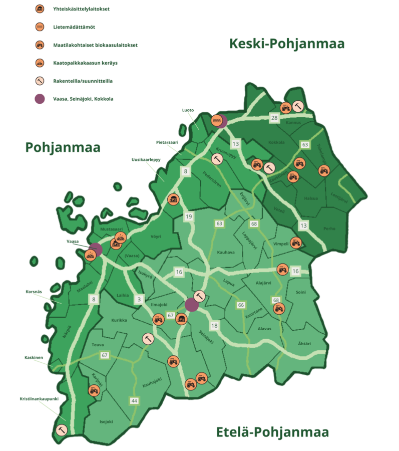 Kartta olemassa olevista ja suunnitteilla olevista biokaasulaitoksista. 