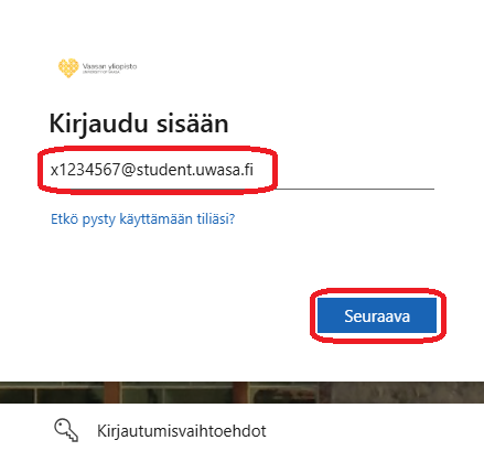 Vaasan yliopiston Kirjaudu sisään -näkymä