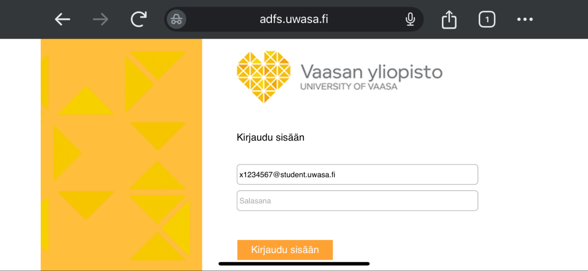 Vaasan ylipiston kirjautumisikkuna