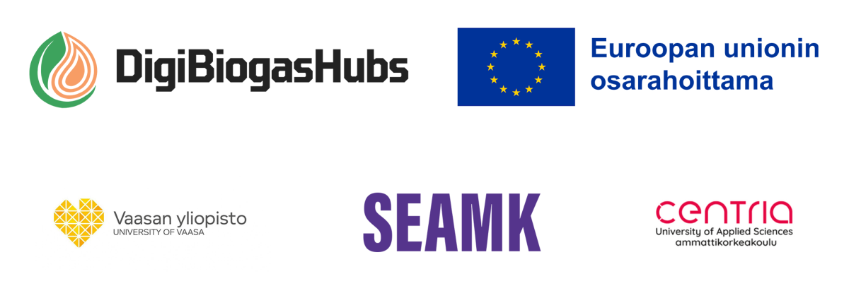 Logot DigibioGasHubs, Euroopan unionin osarahoittama, Vaasan yliopisto, Seamk, Centria ammattikorkeakoulu