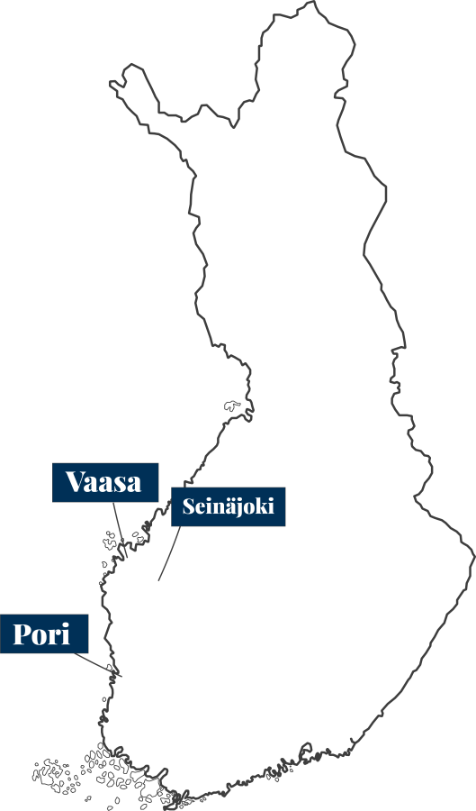 Map of Finland with Vaasa, Seinäjoki and Pori located on the map