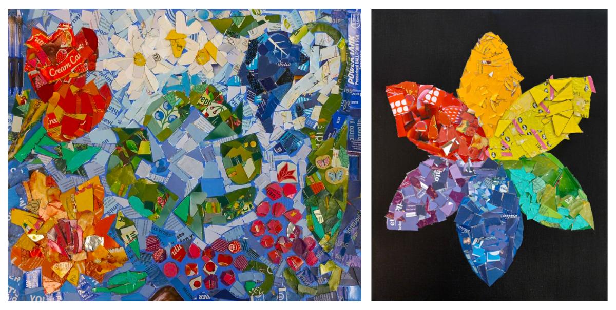 Kierrätysmosaiikkia. Lasten taiteilemat kierrätysmosaiikkiteokset on koottu kierrätetyistä papereista, pahveista, muoveista, kankaista ja metalleista.