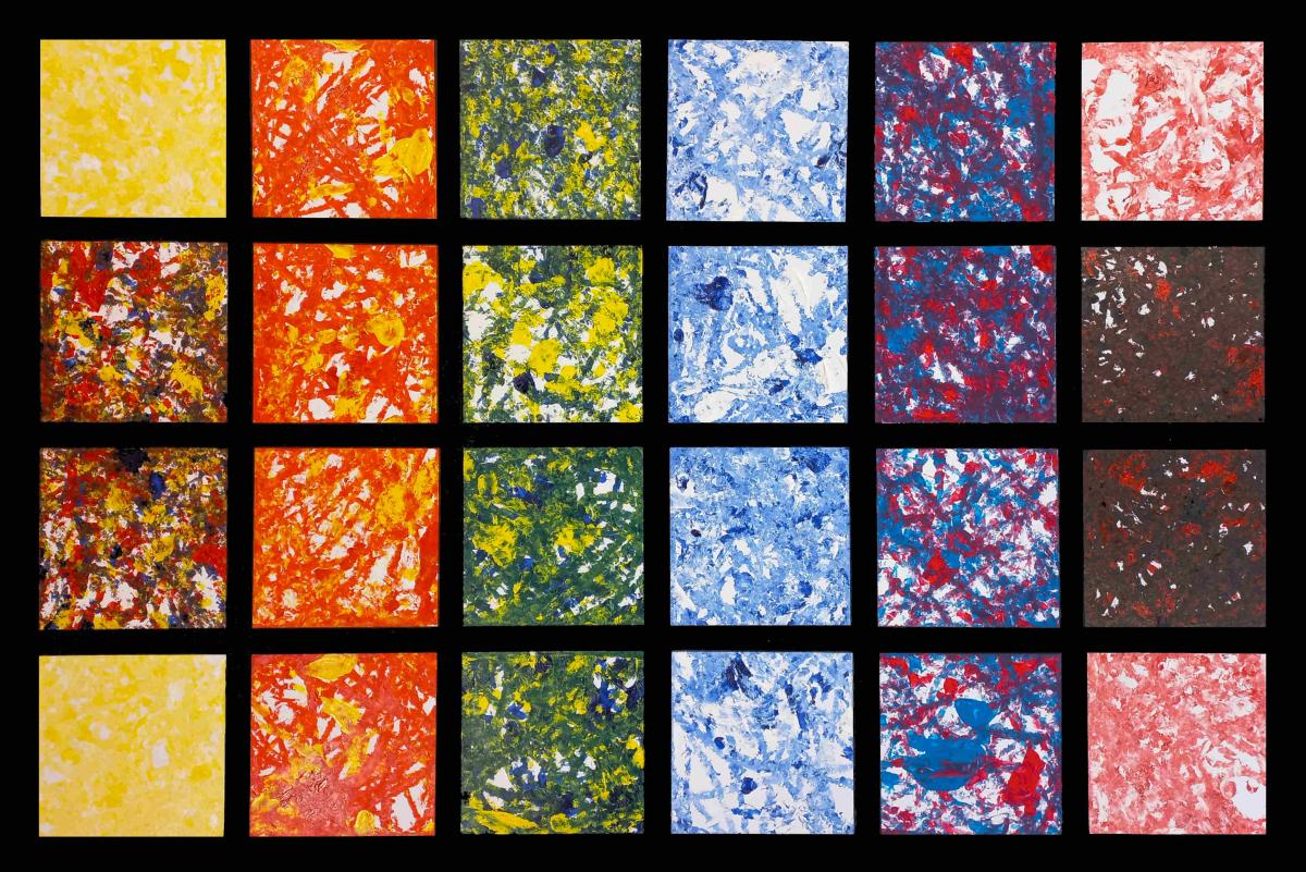 Robottivärioppia. Pienet neliöt on maalattu perusväreillä Sphero-robottipalloilla.