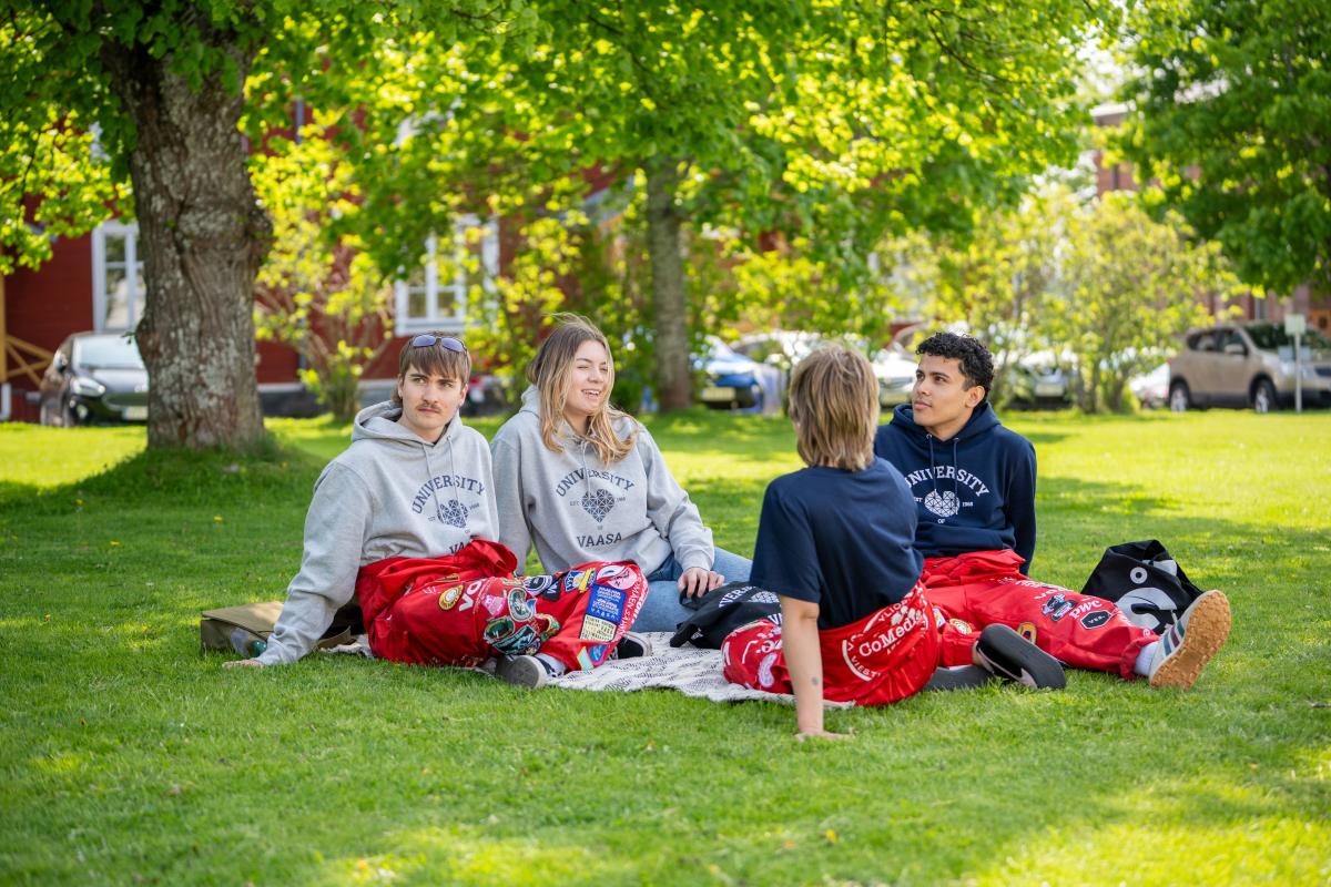 Neljä opiskelijaa istumassa vihreällä nurmikolla punaiset haalarit ja yliopiston hupparit päällä