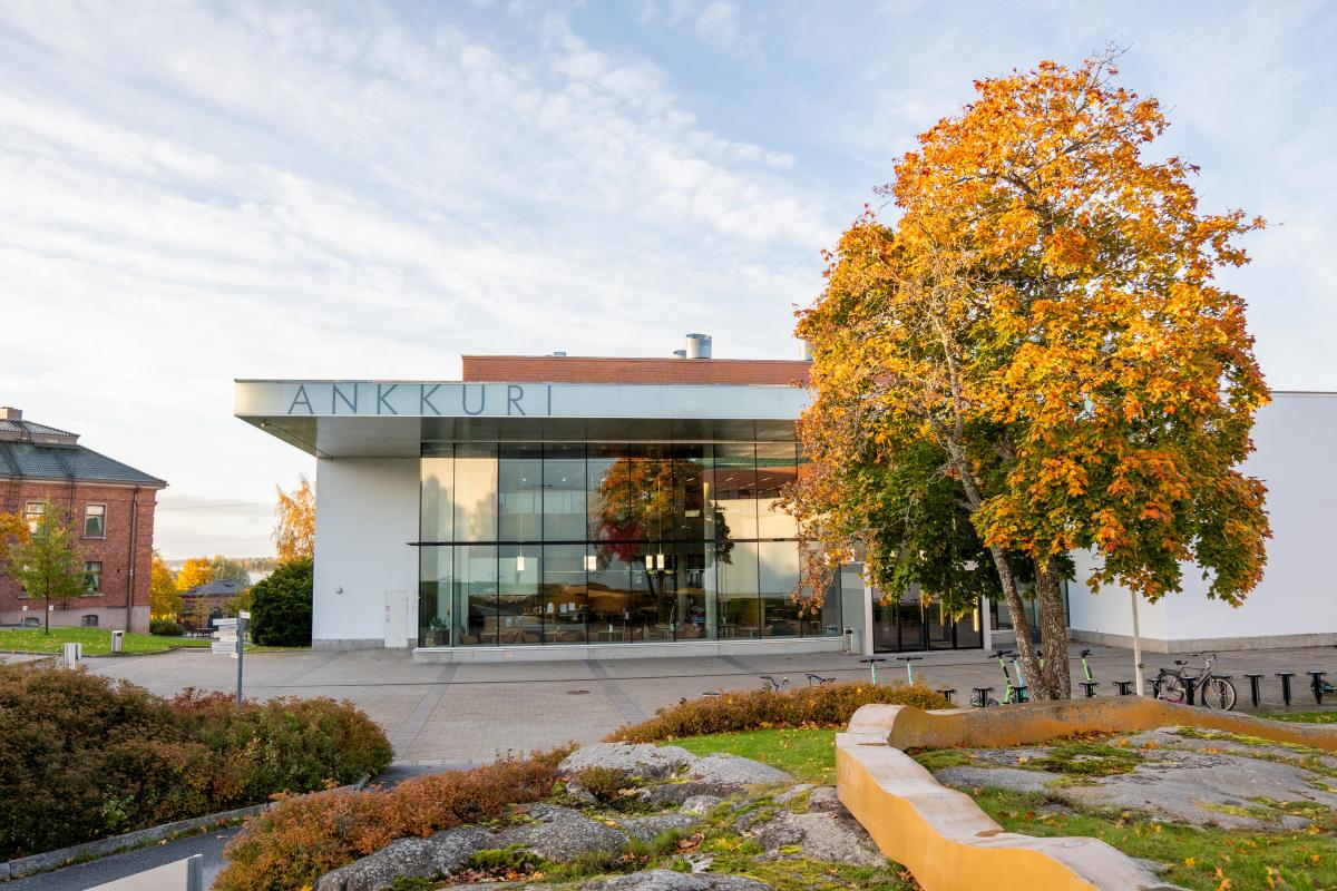 Yliopiston yksi rakennuksista ja ruskassa oleva puu