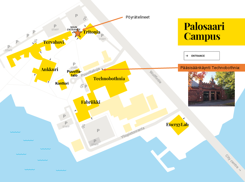 Vaasan yliopiston kampusalueen kartta mihin merkitty Technobothnian sisäänkäynti